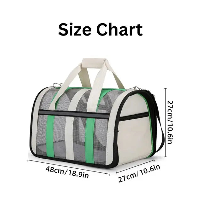 Breathable mesh pet carrier with dimensions around 48 cm long